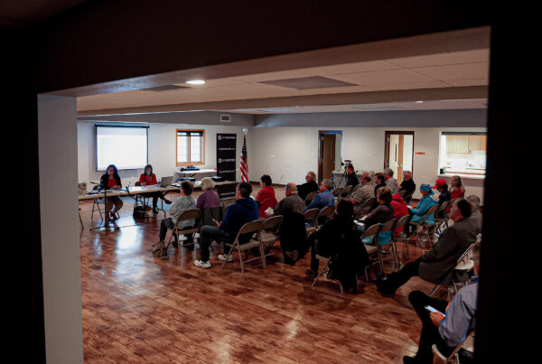 Community members gather in Woodruff, Wis., for a Keep Our Republic civic education event on Thursday, June 6, 2024. The group is one of several nationwide working to rebuild public trust in elections. (Photo by Donovan Johnson/News21)