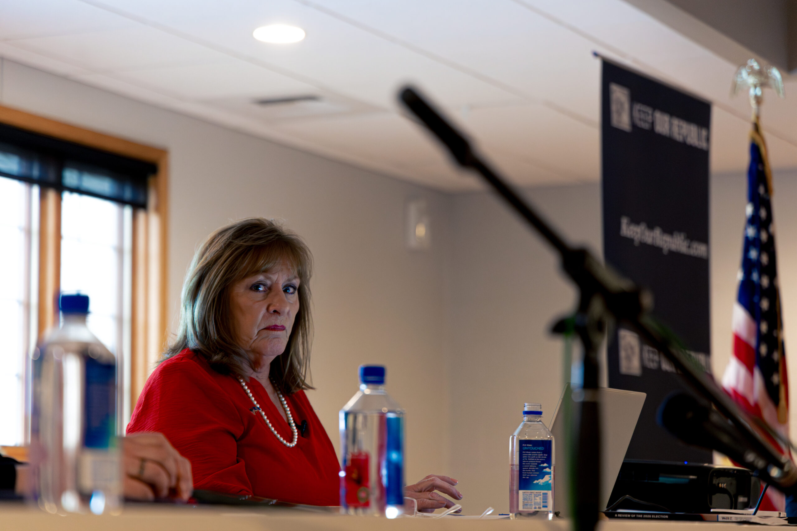 Kathy Bernier leads a civic education event hosted by Keep Our Republic at the town hall in Woodruff, Wis., on Thursday, June 6, 2024. Bernier, a Republican fighting to restore trust in elections, served as the group's state director until July. (Photo by Donovan Johnson/News21)