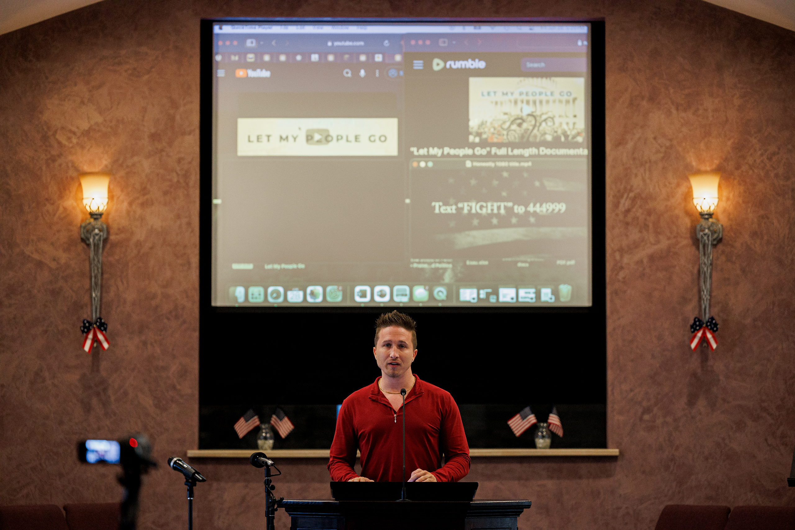 Nathan DeGrave speaks to the audience at a screening of “Let My People Go,” a documentary about Jan. 6 participants, on Friday, June 28, 2024, at a church in Henderson, Nev. (Photo by Hudson French/News21)