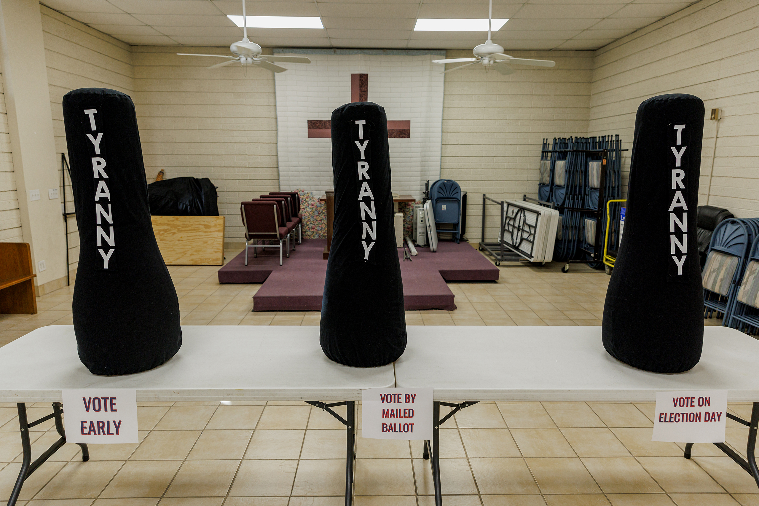 This display greeted those attending a screening of “Let My People Go,” a documentary about Jan. 6ers, at the First Baptist Church of Henderson in Henderson, Nev., on Friday, June 28, 2024. (Photo by Hudson French/News21)