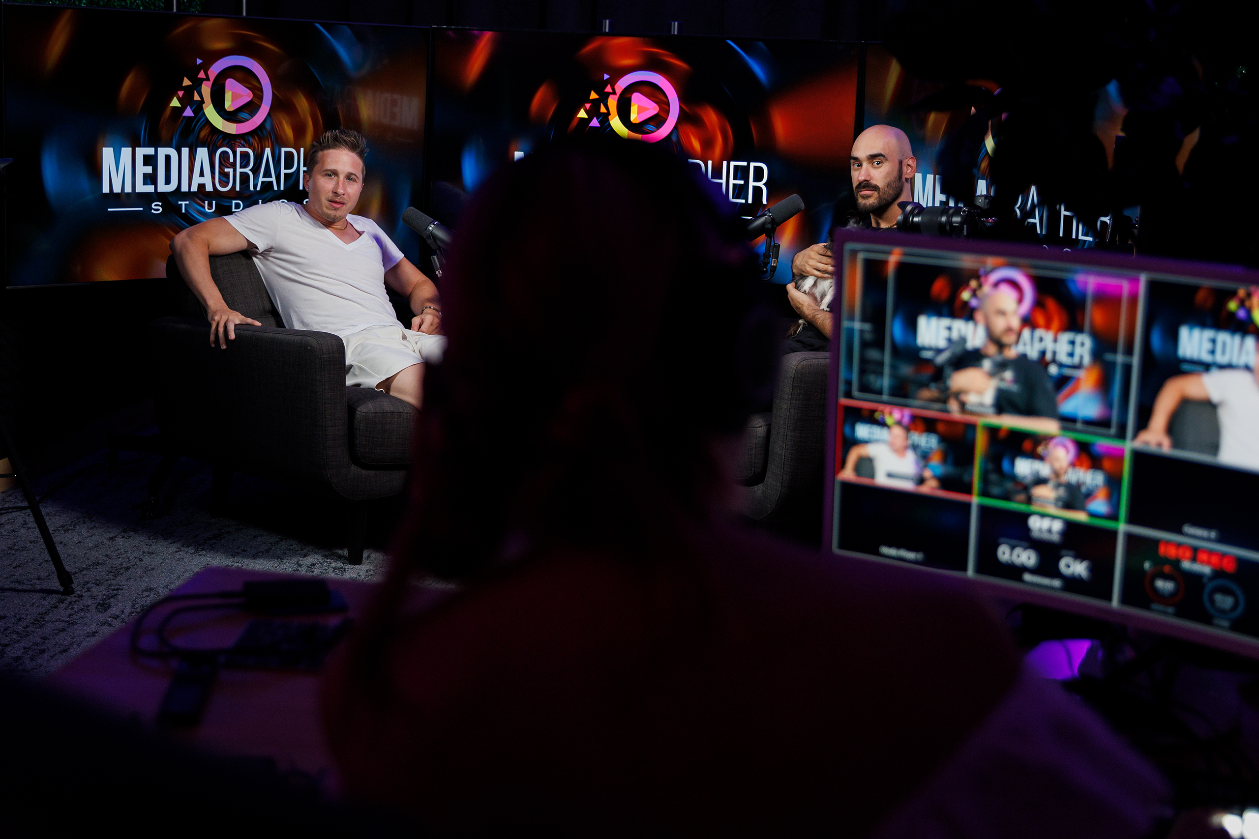 Nathan DeGrave, left, and Nathan Van Tuyl, right, record a podcast about DeGrave’s experience at the Capitol insurrection on Saturday, June 29, 2024, in Las Vegas. “I don't feel any shame about what I did,” DeGrave says. (Photo by Hudson French/News21)