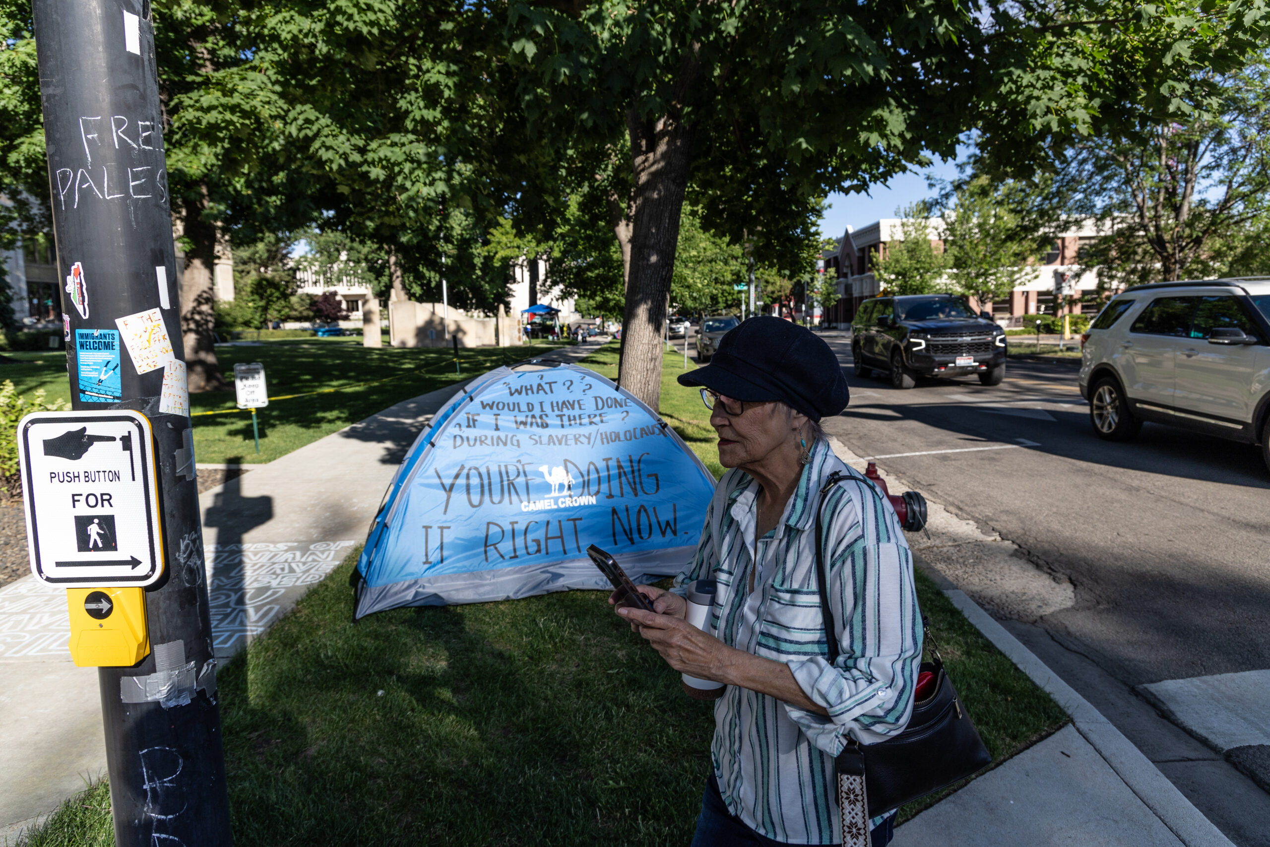 Former Capitol rioter Pamela Hemphill stops at a pro-Palestinian demonstration in Boise, Idaho, on June 16, 2024. (Photo by Donovan Johnson/News21)